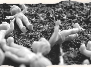 Imagem em preto e branco extraída a partir da exibição em formato remoto do espetáculo "Negativo", mostra bonequinhos de plástico jogados em um solo terroso.